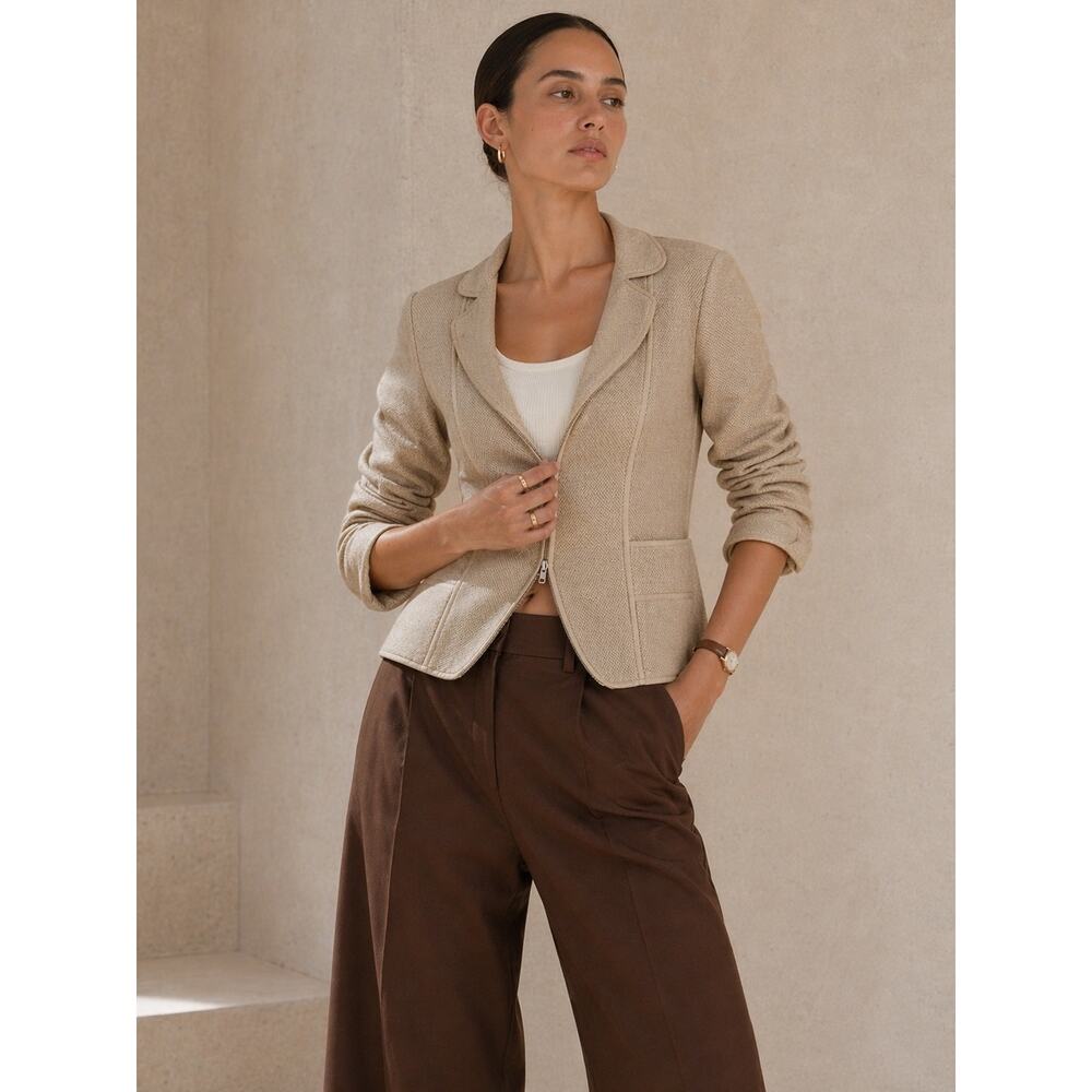 Emporio Armani Beige Zip Blazer Jacket Knit Belted Tailored Neutral 10 Cotton
